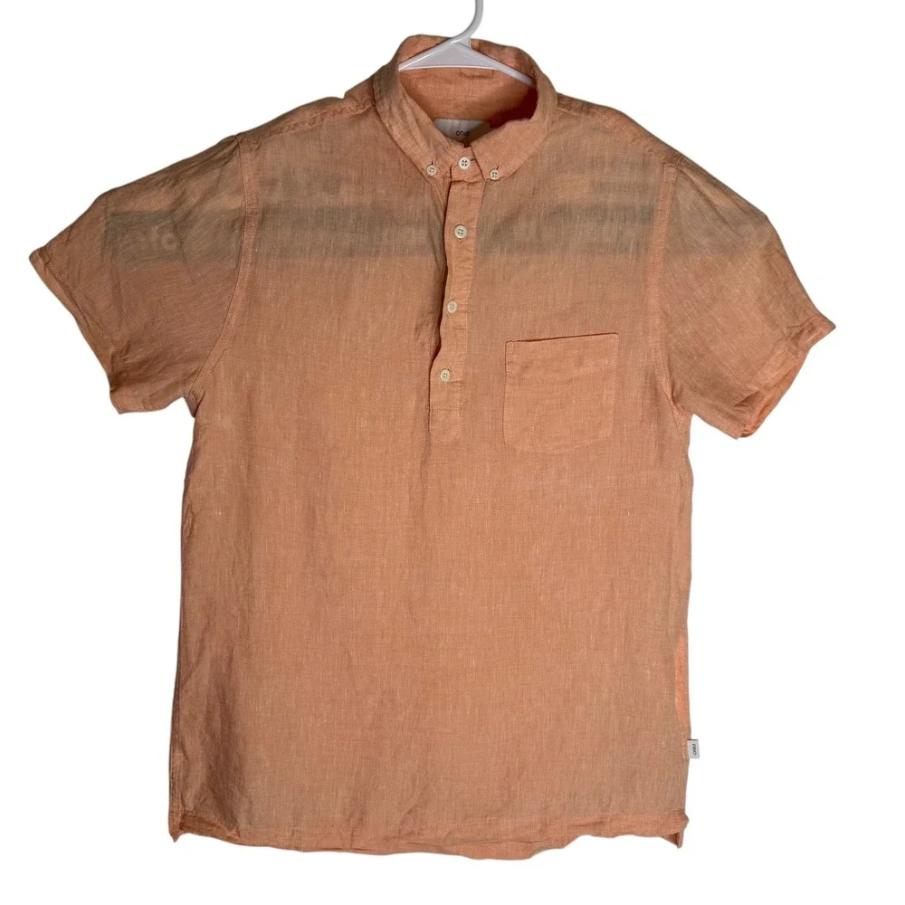Onia Men's Short Sleeve Linen Band Collar Pullover‎ Shirt Peach Size S